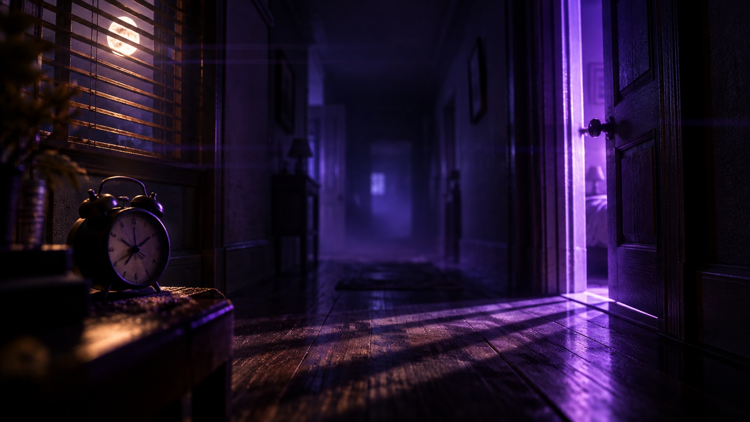 A dramatic miniature hallway set at 3 AM with an ajar door casting violet light across floorboards beside a vintage twin-bell clock.
